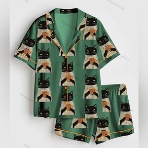Black Cat Drinking Coffee Satin Pajama Set